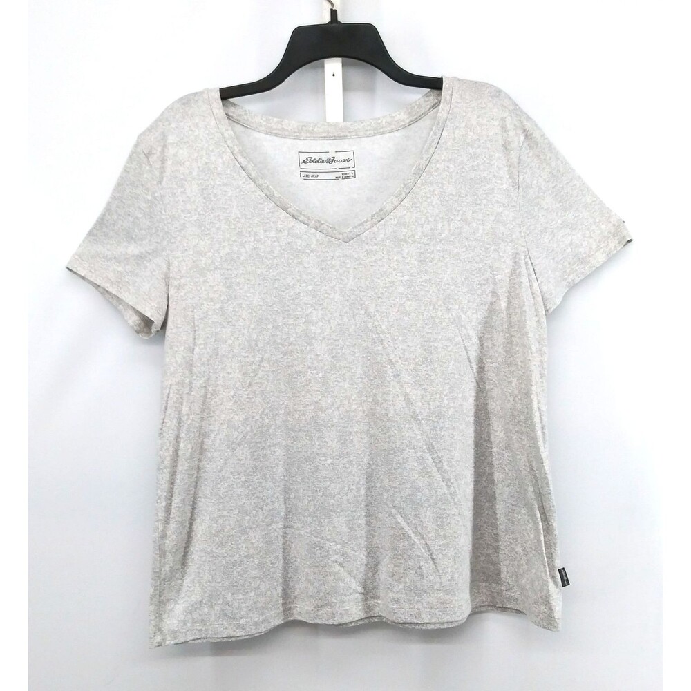 Eddie Bauer Shirt Womens Large Light Speckle Gray Short Sleeve V Neck Casual Top